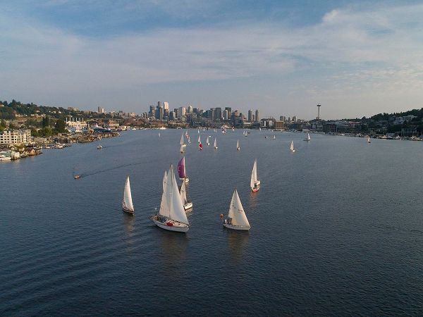 Aerial view of sailboats racing on Lake Union in the evening with the Seattle skyline